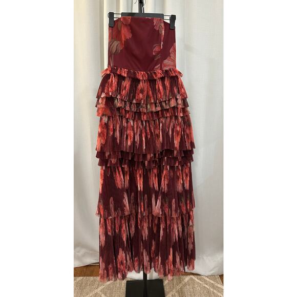 Hutch Nalina Strapless Floral Tiered Tulle Maxi Dress Wine Floral Sz XS/S NWOT - Picture 2 of 16